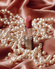 Luxurious lipstick surrounded by pearls and sparkling jewelry, resting on soft satin fabric, creating elegant and glamorous atmosphere