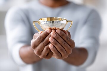 Hands celebrate achievement while holding a vibrant trophy of success and accomplishment