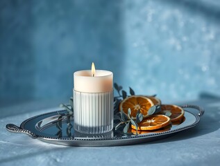 Lit Candle, Dried Orange Slices, and Eucalyptus Sprigs on a Silver Tray