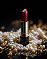 Luxurious lipstick in shimmering red shade, elegantly placed among lustrous pearls and golden beads, creating glamorous and sophisticated atmosphere