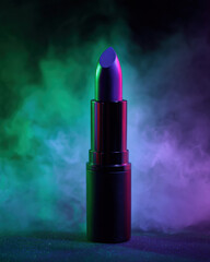 Vibrant lipstick stands tall against backdrop of smoky violet and green light, creating captivating and dramatic atmosphere. sleek design and bold color evoke sense of creativity and allure