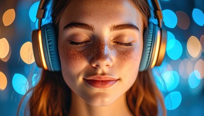 person wearing large black over-ear headphones against vibrant blue-orange background, suggesting an immersive audio or gaming experience