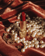 Vibrant red lipstick rests elegantly on luxurious satin fabric, surrounded by cascade of lustrous pearls and sparkling golden jewelry, creating glamorous and sophisticated scene
