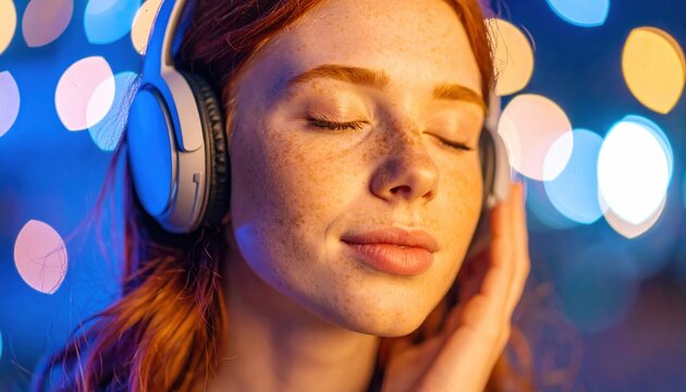 person wearing large black over-ear headphones against vibrant blue-orange background, suggesting an immersive audio or gaming experience - Powered by Adobe