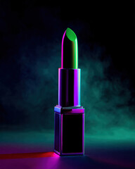 Vibrant lipstick with glowing green and purple hue stands elegantly against dark, smoky background, creating striking visual contrast that captivates viewer
