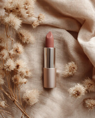 Beautiful top view of lipstick placed on beige linen, surrounded by dried flowers, creating soft and elegant aesthetic. warm tones evoke sense of calm and natural beauty