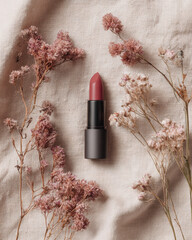 Top view of lipstick placed on beige linen, surrounded by dried flowers, creates soft and elegant aesthetic. muted tones of lipstick complement natural elements beautifully