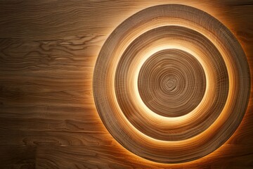 Abstract illuminated wooden circle creates a warm and modern glow against a natural wood texture background, perfect for contemporary decor and luxurious interior design concepts.