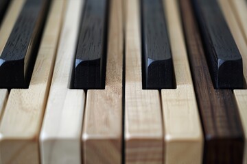 Close up of elegant wooden piano keys revealing natural wood grain details perfect for music and artistic harmony