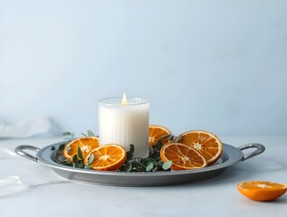 Scented Candle and Orange Slices on a Tray