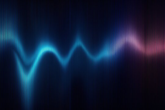 Abstract waveform of blue and pink light flowing across a dark vertical lined background