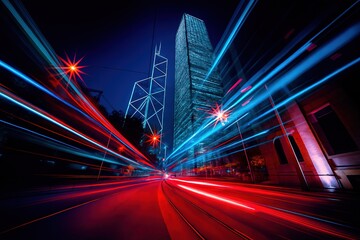 Fototapeta premium Vibrant city nightscape with streaks of red and blue light trails from moving vehicles and illuminated skyscrapers