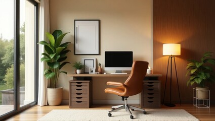 Fototapeta premium Modern Home Office Tan Leather Chair Desk Plants Lamp