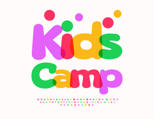 Vector Holiday flyer Kids Camp. Cartoon style Font. Colorful Alphabet Letters and Numbers