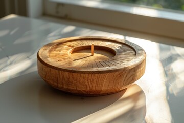 Handcrafted wooden sundial bathed in warm natural light showcasing timeless ancient history and rustic home decor.