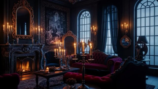 Dark and Luxurious Gothic Living Room Interior - A dimly lit gothic living room features rich burgundy velvet furniture, ornate gold accents, and flickering candlelight, creating a mysterious and