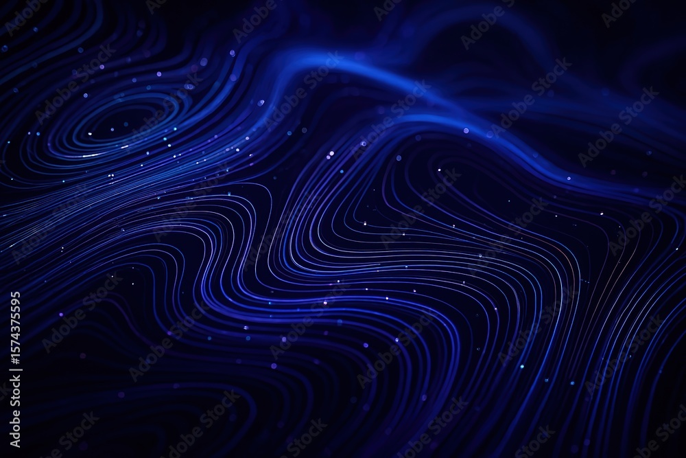Fototapete Abstract flowing blue lines and glowing particles create a dynamic digital landscape with depth and movement