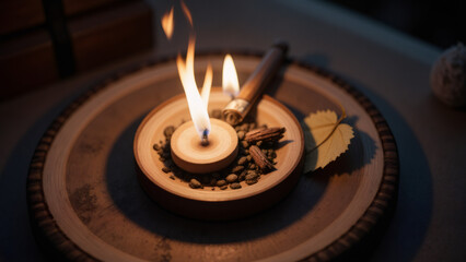 Cozy Aromatherapy: Incense & Candle Still Life on Wooden Plate, Spa Relaxation Concept