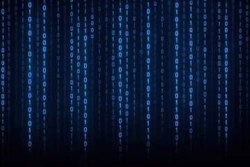 Digital rain of glowing blue binary code cascading down a dark futuristic background