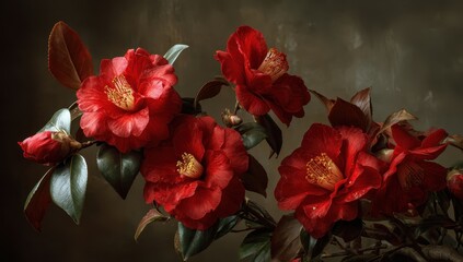 Branch of vivid red camellia blossoms against a muted, artistic background, with green leaves