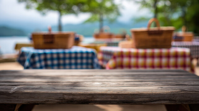 Wooden Table with Blurred Lakeside Picnic Background with Checkered Cloths and Baskets - Powered by Adobe