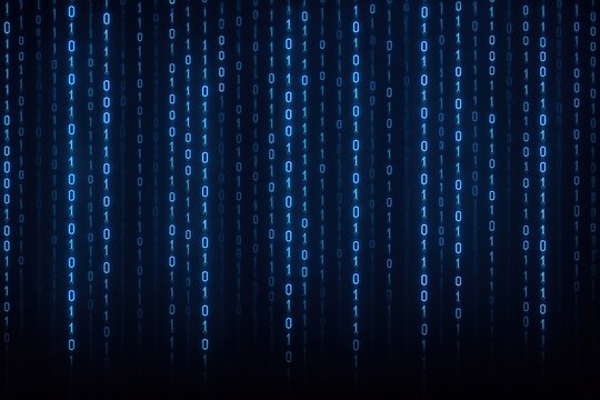 Digital rain of glowing blue binary code cascading down a dark futuristic background