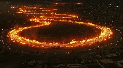 Fiery highway encircles city at night