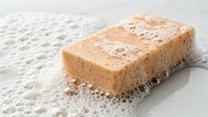 A bar of exfoliating soap is surrounded by bubbles, promising a refreshing spa experience