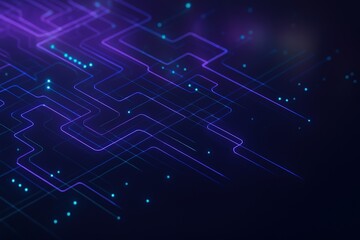 Abstract glowing purple and blue circuit board lines with scattered light particles on a dark background