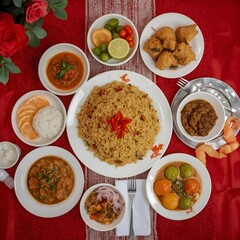 Overhead Diverse Asian Cuisine Dishes Arrangement with Red Tablecloth Backdrop