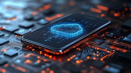 A glowing cloud icon appears on a smartphone screen placed on a circuit board.
