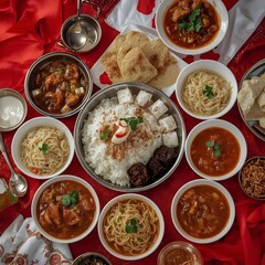 Overhead Delicious Indian Cuisine Assamese Thali Meal with Bowls Arrangement