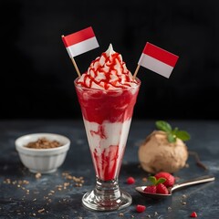 A delightful glass dessert featuring layers of red and white, garnished with a strawberry drizzle and flags. Perfect for celebrating a special occasion or enjoying a sweet treat.