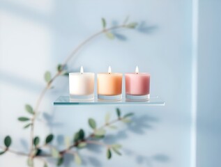 Tranquil Trio: Scented Candles on Glass Shelf