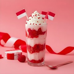 A refreshing and vibrant layered raspberry smoothie dessert topped with whipped cream and festive miniature flags, perfect for celebrations or a sweet treat.