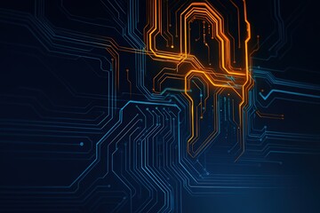 Abstract digital circuit board with glowing orange and blue lines on a dark background