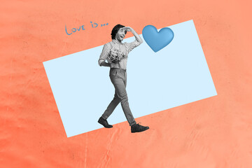 Zine trendy art banner creative collage of happy girl guy receive like reaction popular blog...