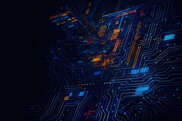 Abstract digital circuit board with glowing blue and orange lines representing data flow