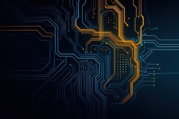 Abstract digital circuit board with glowing blue and orange lines on a dark background