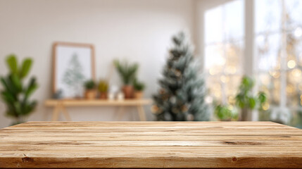 Fototapeta premium Wooden table with blurred Christmas Day background eco-decor and indoor potted plants