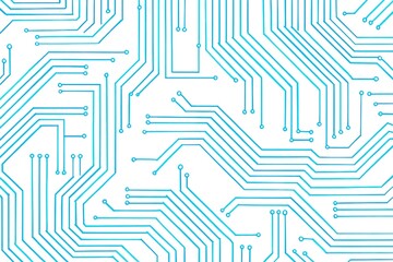 Abstract blue circuit board lines and nodes on a clean white background representing technology and connectivity