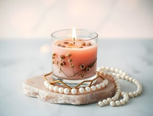 Scented Candle with Dried Flowers and Pearl Necklace on Marble Coasters