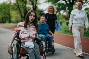 A group of diverse individuals enjoying a walk together in a green park, fostering connection and...
