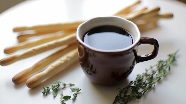 Coffee, breadsticks and thyme on white table close-up