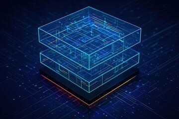 Abstract glowing blue geometric cubes with intricate circuitry patterns on a dark digital background