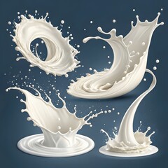 Dynamic 3D milk splash shapes on a dark background.