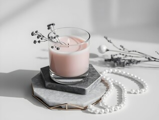 Scented Candle and Pearl Necklace on Marble Coasters