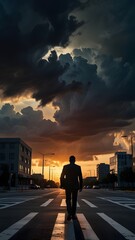 Fototapeta premium Man in suit walking on city street at sunset dramatic clouds business success concept