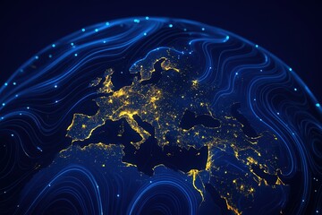 Illuminated europe at night with flowing blue digital data streams