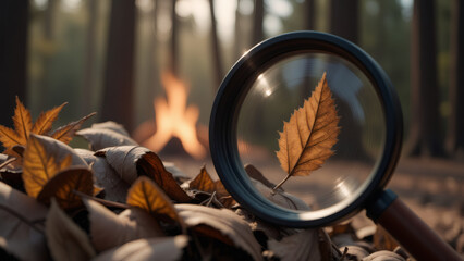 Autumn Leaves Close-Up Under Magnifying Glass in Forest